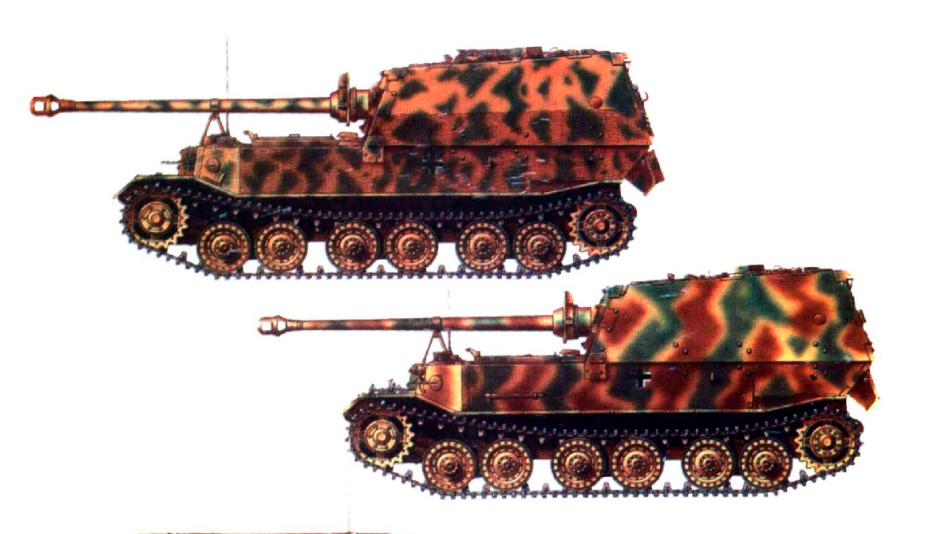 Вверху: "Элефант" из 1-й роты 653-го дивизиона тяжелых истребителей танков (Италия, 1944). Внизу: "Фердинанд" из 653-го дивизиона (Курская битва, июль, 1943)