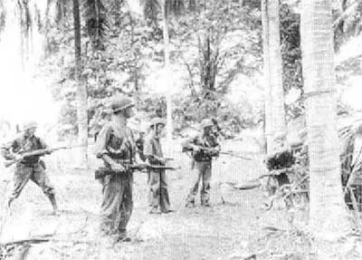 Бойцы 1-й дивизии морской пехоты, вооруженные винтовками обр. 1903 г. прочесывают один из Соломоновых островов, 1942 г.