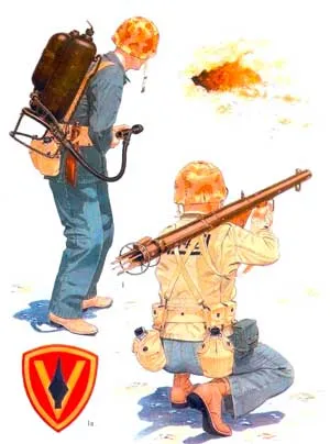 Солдаты истребительного отделения 27-го полка 5-й дивизии морской пехоты; Иводзима, 1945 г.