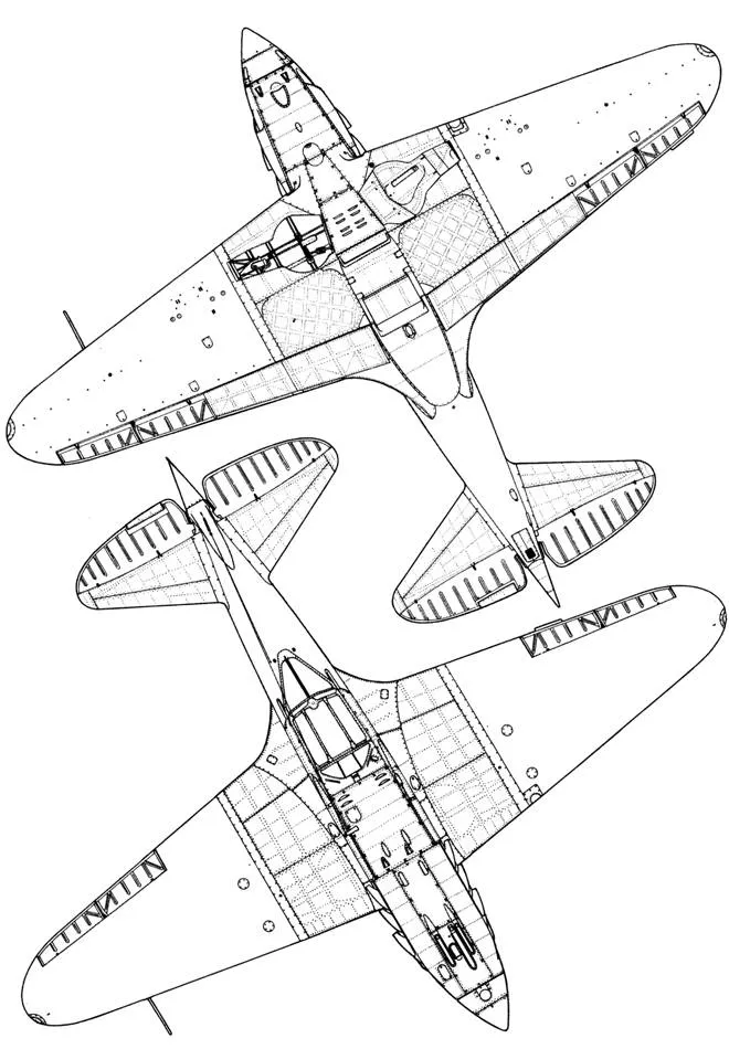 Чертеж МиГ-3 - вид в горизонтальной плоскости.