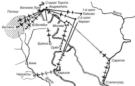 Схема основных планерных маршрутов в операциях снабжения фронтовых частей и партизан