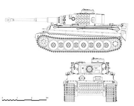 Вид слева и спереди на один из последних Pz.Kpfw VL Tiger Ausf.H1 раннего выпуска.